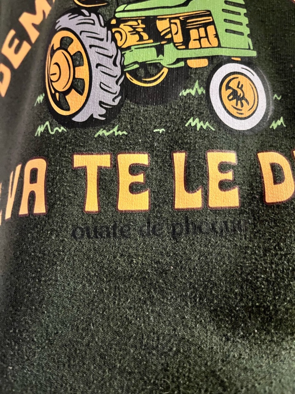 Sweater XL vert olive style vintage tracteur “Demande à John” unisexe comfy - Picture 3 of 4